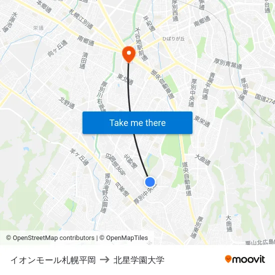 イオンモール札幌平岡 to 北星学園大学 map
