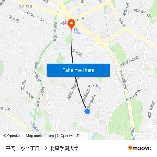 平岡５条２丁目 to 北星学園大学 map