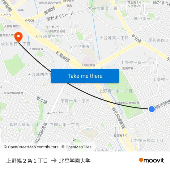 上野幌２条１丁目 to 北星学園大学 map