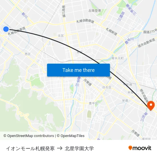 イオンモール札幌発寒 to 北星学園大学 map