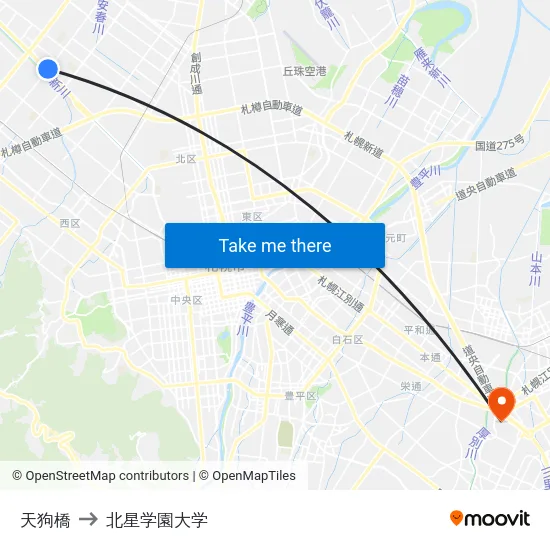 天狗橋 to 北星学園大学 map