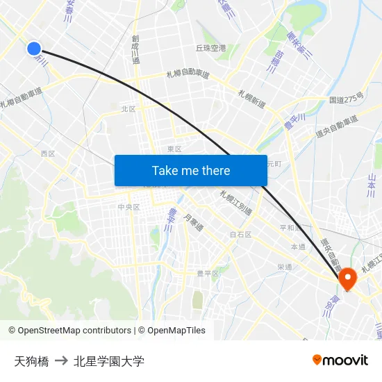 天狗橋 to 北星学園大学 map