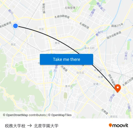 税務大学校 to 北星学園大学 map