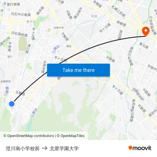 澄川南小学校前 to 北星学園大学 map