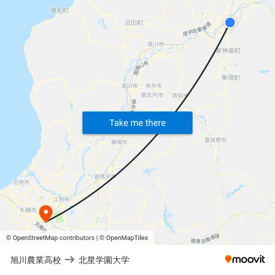 旭川農業高校 to 北星学園大学 map