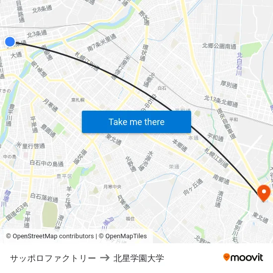 サッポロファクトリー to 北星学園大学 map