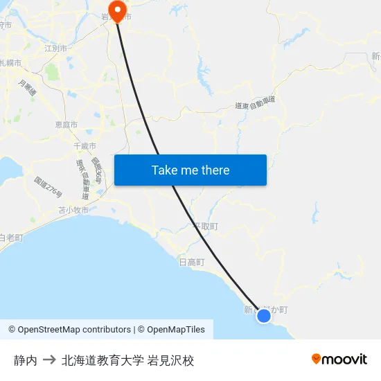 静内 to 北海道教育大学 岩見沢校 map