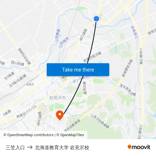 三笠入口 to 北海道教育大学 岩見沢校 map