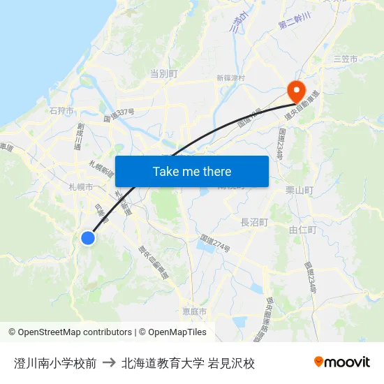 澄川南小学校前 to 北海道教育大学 岩見沢校 map