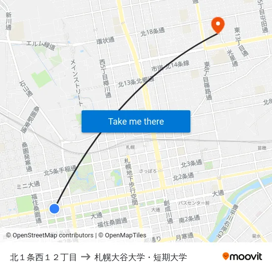 北１条西１２丁目 to 札幌大谷大学・短期大学 map