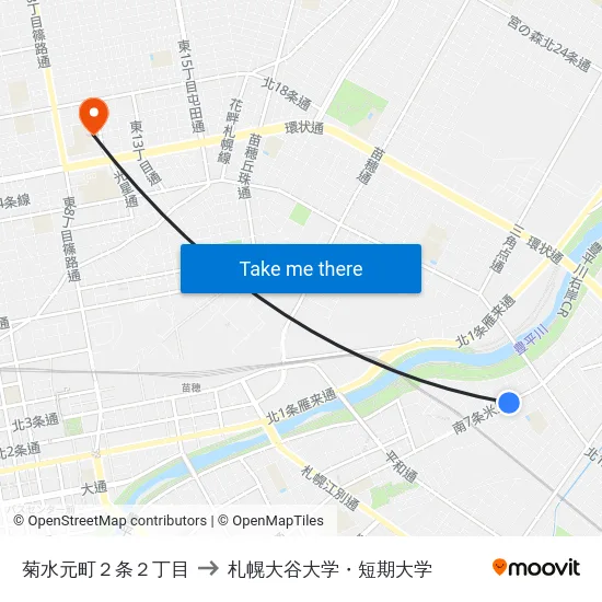 菊水元町２条２丁目 to 札幌大谷大学・短期大学 map