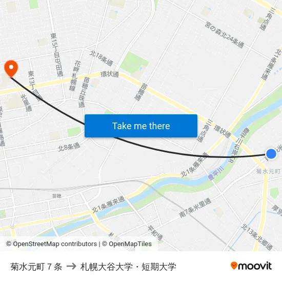菊水元町７条 to 札幌大谷大学・短期大学 map