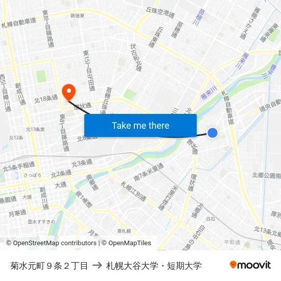 菊水元町９条２丁目 to 札幌大谷大学・短期大学 map