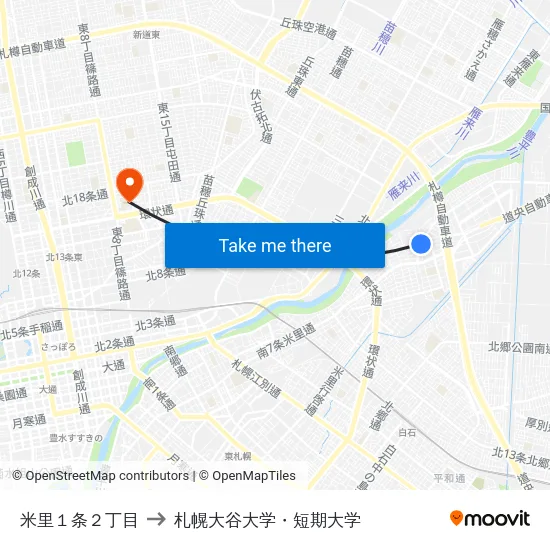米里１条２丁目 to 札幌大谷大学・短期大学 map