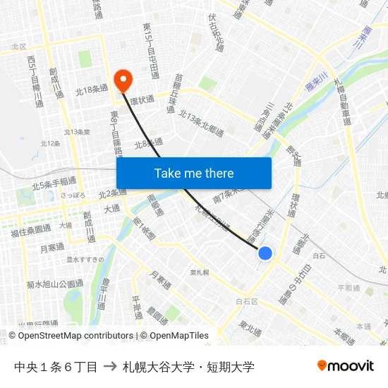 中央１条６丁目 to 札幌大谷大学・短期大学 map