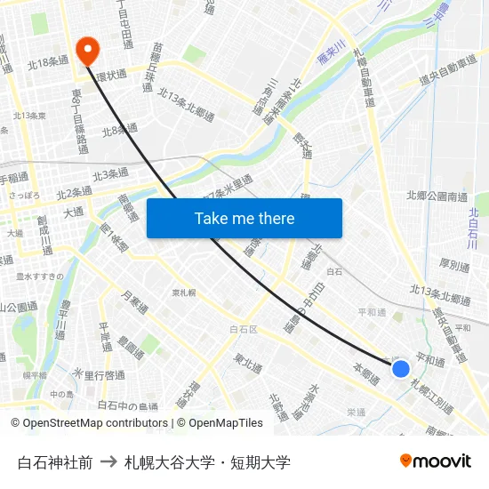 白石神社前 to 札幌大谷大学・短期大学 map