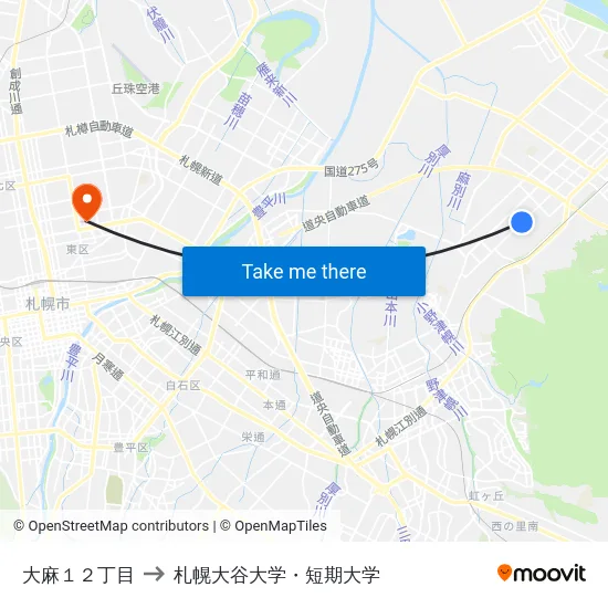 大麻１２丁目 to 札幌大谷大学・短期大学 map