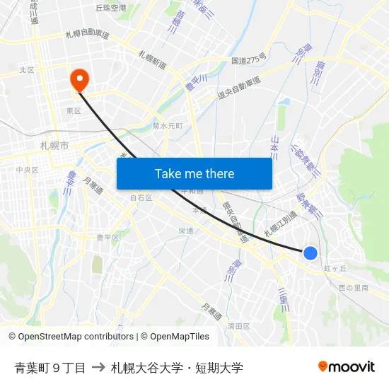 青葉町９丁目 to 札幌大谷大学・短期大学 map