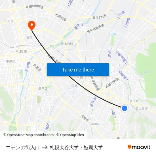 エデンの街入口 to 札幌大谷大学・短期大学 map