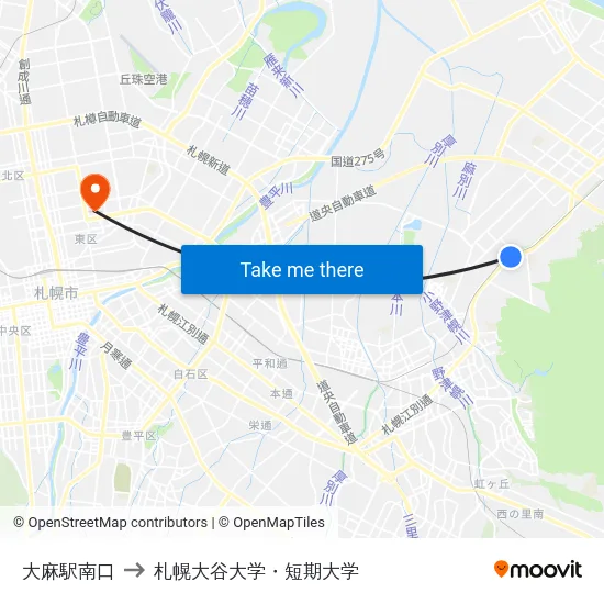 大麻駅南口 to 札幌大谷大学・短期大学 map