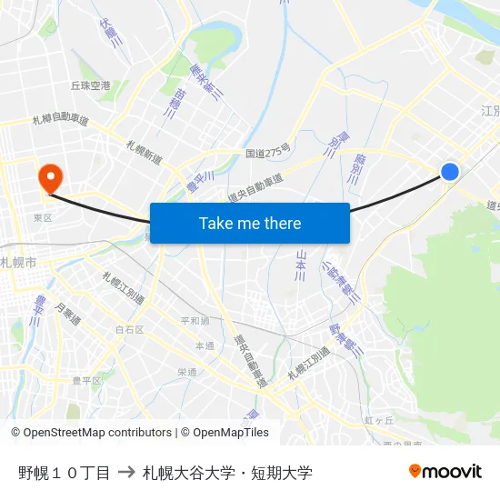 野幌１０丁目 to 札幌大谷大学・短期大学 map