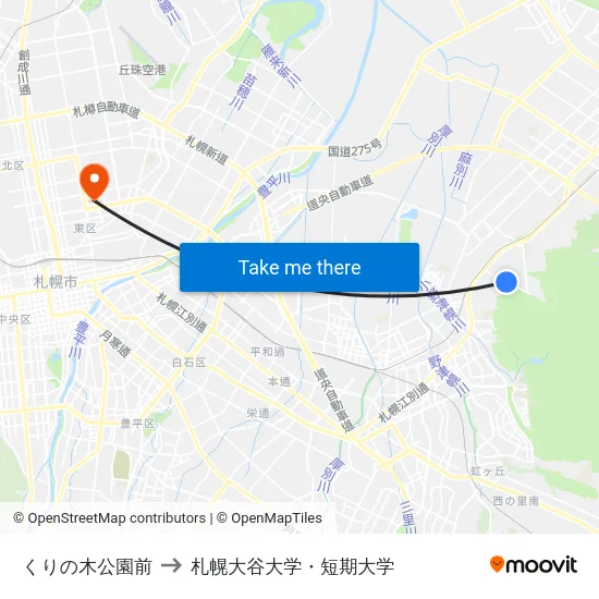 くりの木公園前 to 札幌大谷大学・短期大学 map