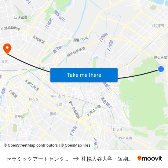 セラミックアートセンター前 to 札幌大谷大学・短期大学 map