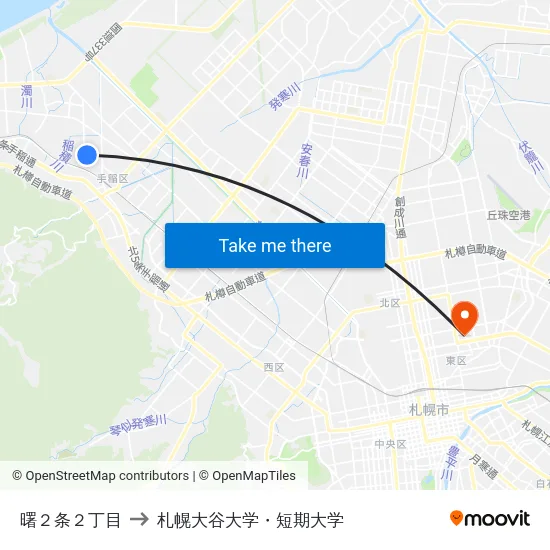 曙２条２丁目 to 札幌大谷大学・短期大学 map