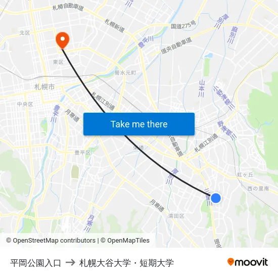 平岡公園入口 to 札幌大谷大学・短期大学 map