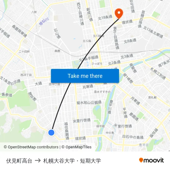 伏見町高台 to 札幌大谷大学・短期大学 map