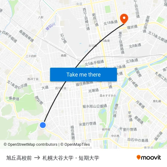 旭丘高校前 to 札幌大谷大学・短期大学 map