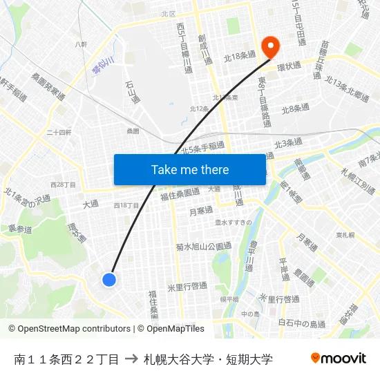 南１１条西２２丁目 to 札幌大谷大学・短期大学 map
