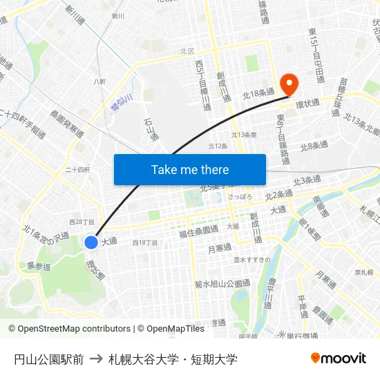 円山公園駅前 to 札幌大谷大学・短期大学 map