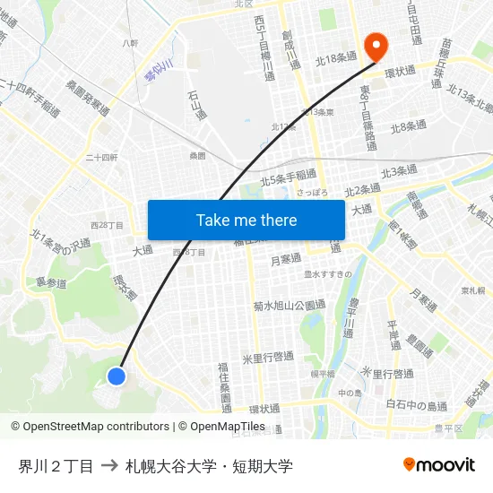 界川２丁目 to 札幌大谷大学・短期大学 map