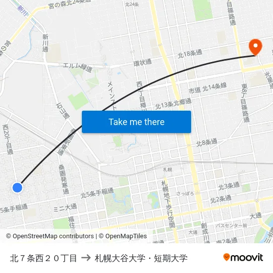 北７条西２０丁目 to 札幌大谷大学・短期大学 map