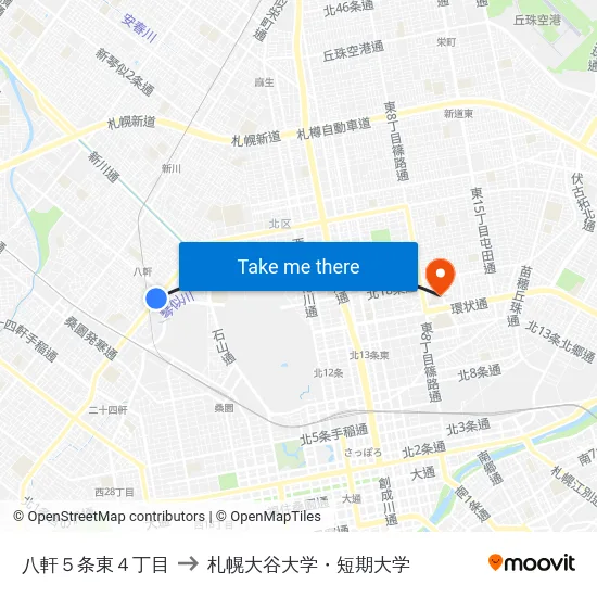 八軒５条東４丁目 to 札幌大谷大学・短期大学 map
