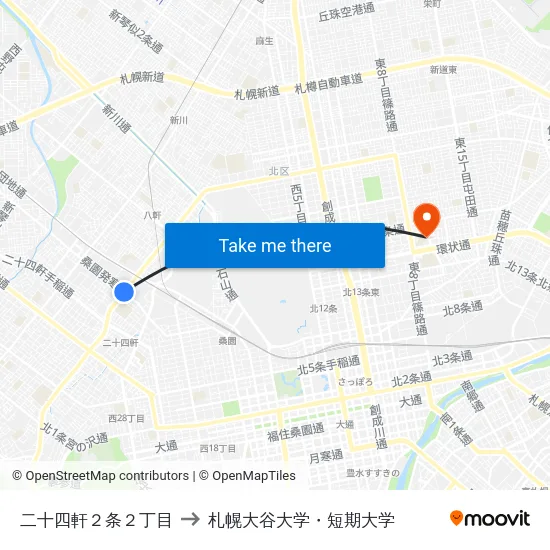 二十四軒２条２丁目 to 札幌大谷大学・短期大学 map