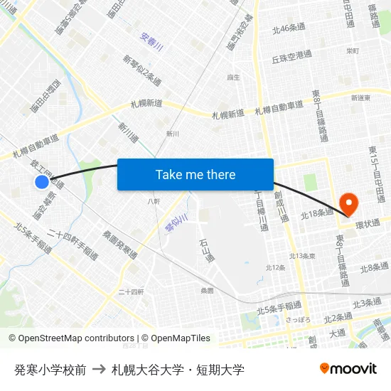 発寒小学校前 to 札幌大谷大学・短期大学 map