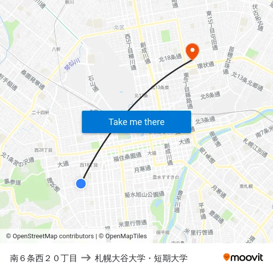 南６条西２０丁目 to 札幌大谷大学・短期大学 map