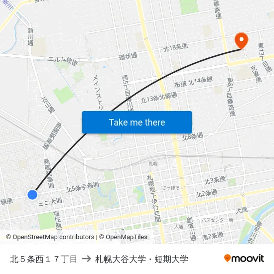 北５条西１７丁目 to 札幌大谷大学・短期大学 map