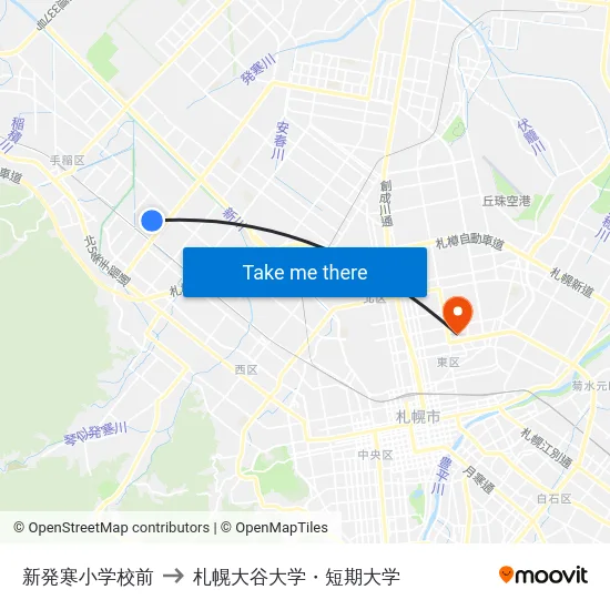 新発寒小学校前 to 札幌大谷大学・短期大学 map