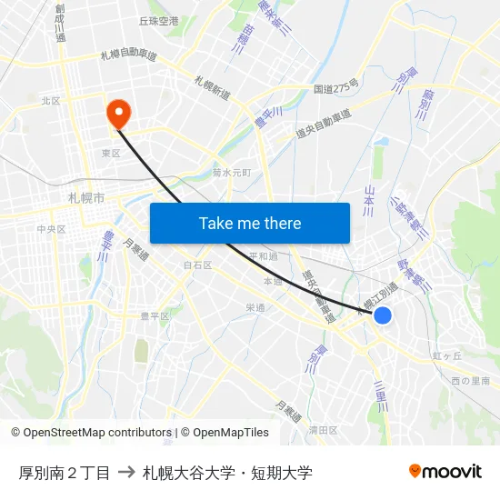 厚別南２丁目 to 札幌大谷大学・短期大学 map