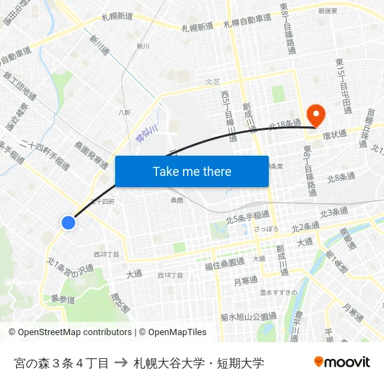宮の森３条４丁目 to 札幌大谷大学・短期大学 map