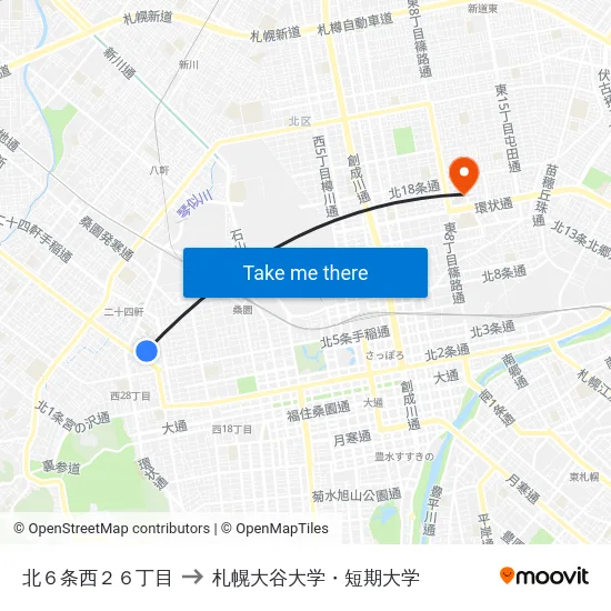 北６条西２６丁目 to 札幌大谷大学・短期大学 map