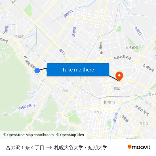 宮の沢１条４丁目 to 札幌大谷大学・短期大学 map