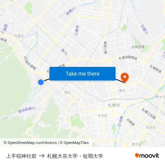 上手稲神社前 to 札幌大谷大学・短期大学 map