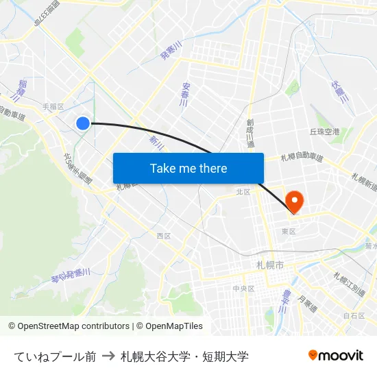 ていねプール前 to 札幌大谷大学・短期大学 map