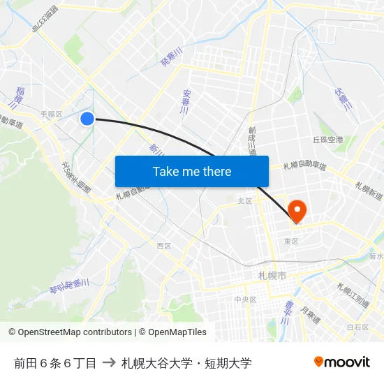 前田６条６丁目 to 札幌大谷大学・短期大学 map