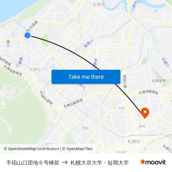 手稲山口団地６号棟前 to 札幌大谷大学・短期大学 map