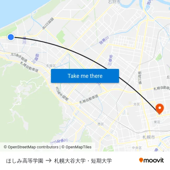 ほしみ高等学園 to 札幌大谷大学・短期大学 map